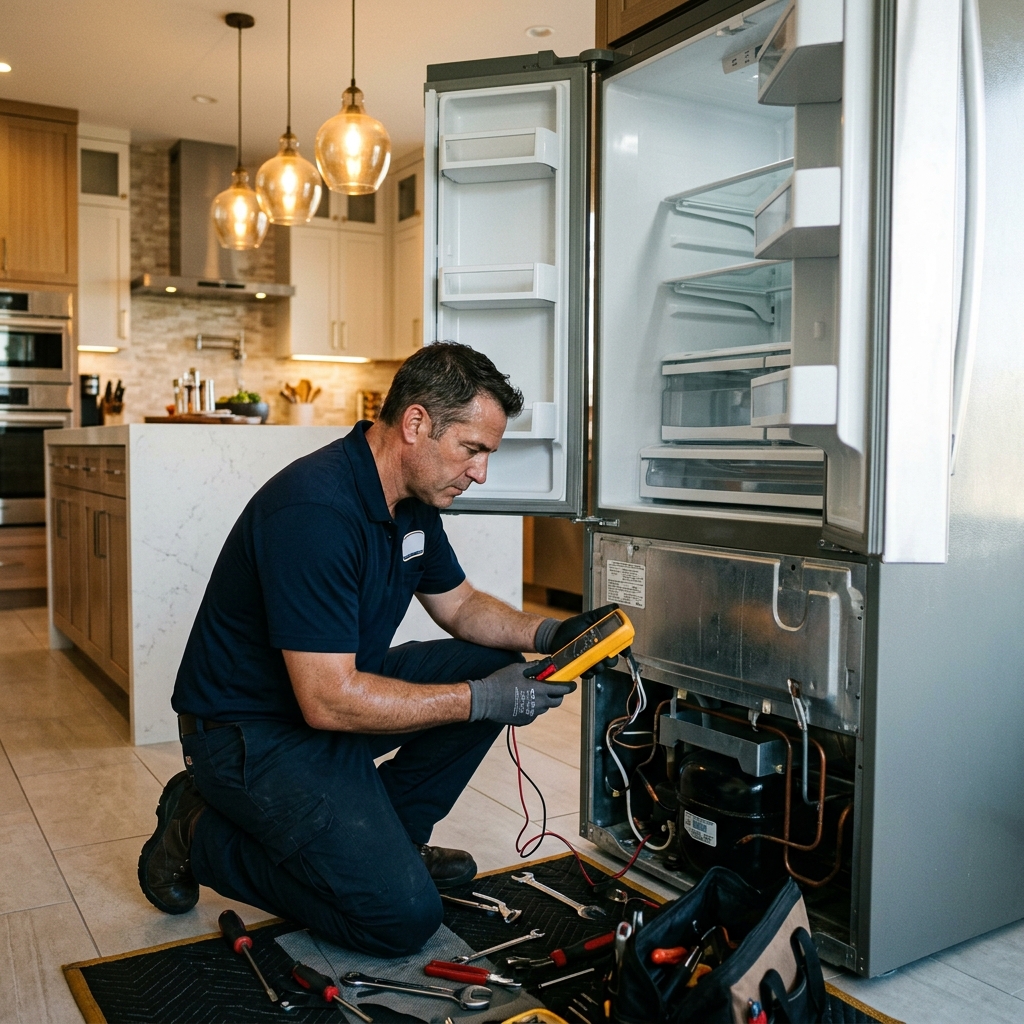 Professional appliance repair technician servicing a refrigerator in a Dubai home