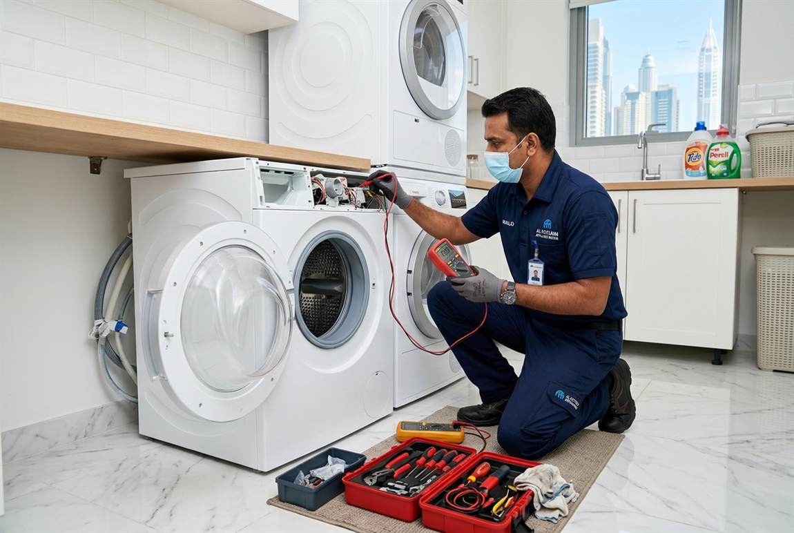Professional washing machine repair technician inspecting drum in Dubai