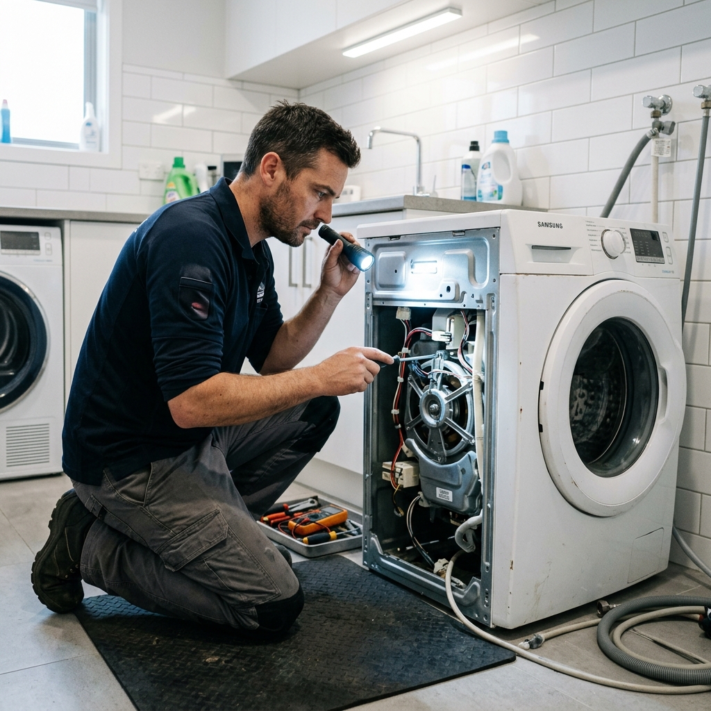 Technician working on a washing machine