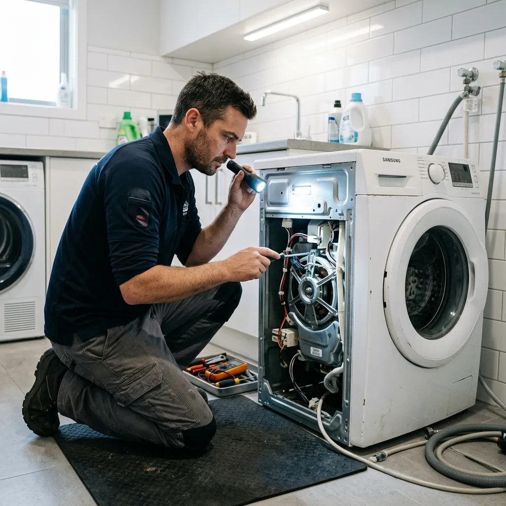 Senior appliance technician at Fix Appliances Dubai diagnosing a washing machine